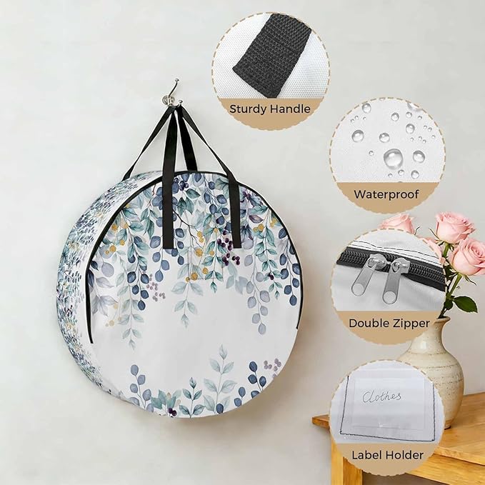 Storage Bag Blue Eucalyptus Leaves Round Storage Totes Bins Closet Organizers with Zippers & Handle Berry Branch Nature Plant Clothes Storage Container for Bedroom Dorm Space Saving Packing Supplies