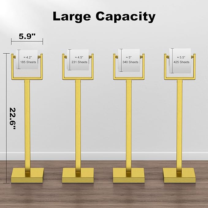 Brass Gold Toilet Paper Holder Stand，Stainless Steel Toilet Paper Holder Free Standing，Stable Weighted Base Floor Tissue Roll Holder for Bathroom，Modern Pivoting Toilet Paper Stand
