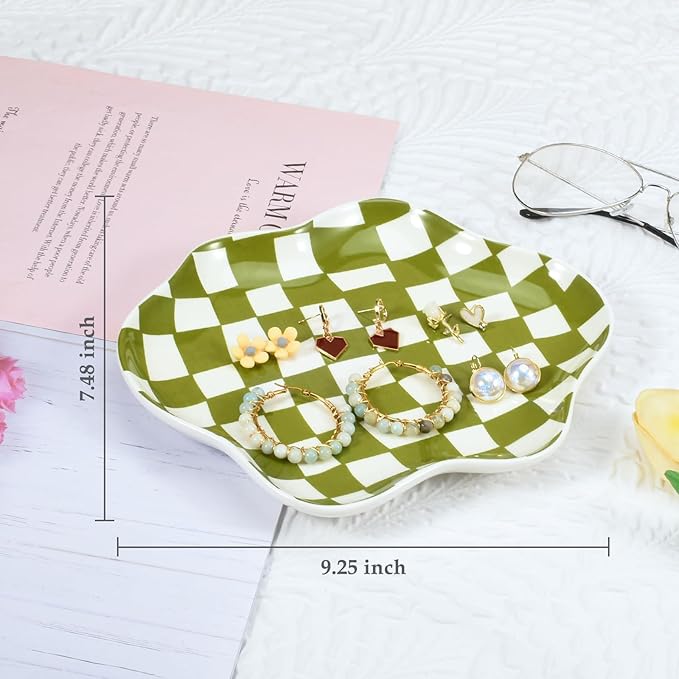 Koythin Jewelry Tray, Ceramic Jewelry Dish Trinket Tray Organizer, Checkered Pattern Aesthetic Decorative for Kitchen, Bathroom (Green Plaid)