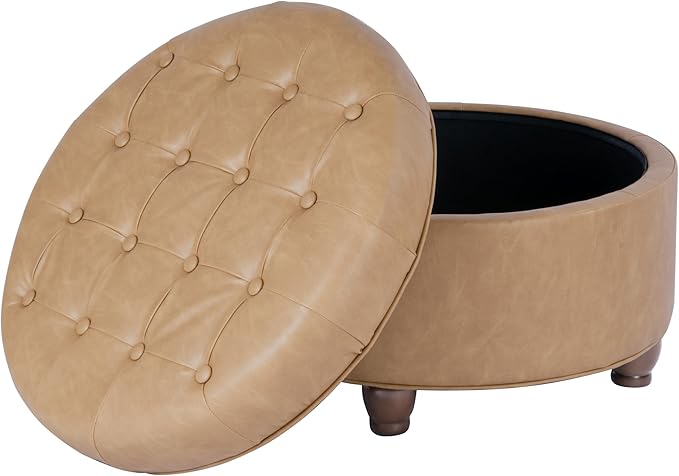 Homepop Home Decor | Button Tufted Faux Leather Round Storage Ottoman | Ottoman with Storage for Living Room & Bedroom (Sand Faux Leather)