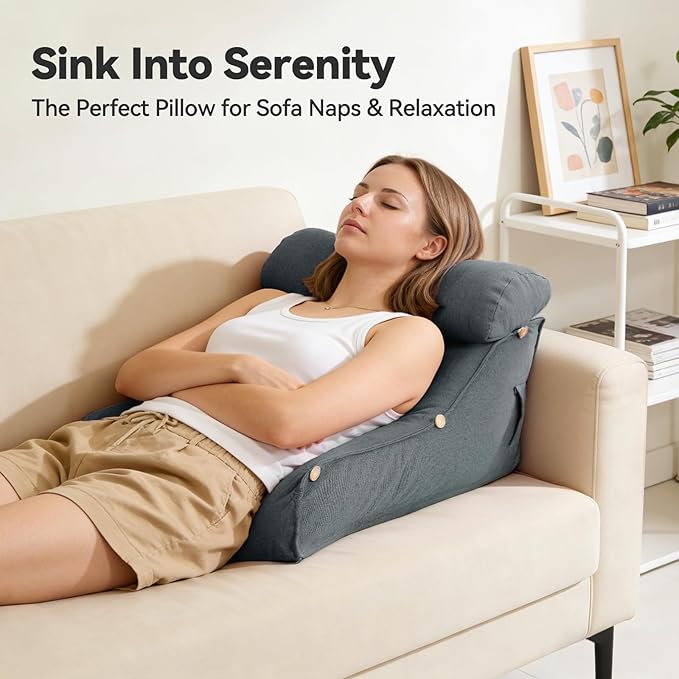 23" H Bed Wedge Reading Pillow with Adjustable Headrest, Reading Pillow for Sitting in Bed Couch Adult Backrest Pillow for Neck Back Lumbar Support with Removable Washable Cover Dark Gray