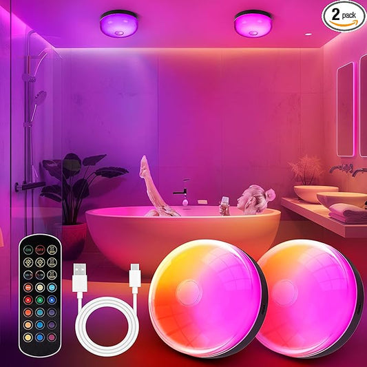 2-Pack Waterproof Shower Lights for Inside Shower, 15 RGBW Color Rechargeable Mood Lighting with Remote(Dimmable＆Timer), LED Wireless Ceiling Light for Bathroom, Closet, Hallway, Stairs, Party Decor