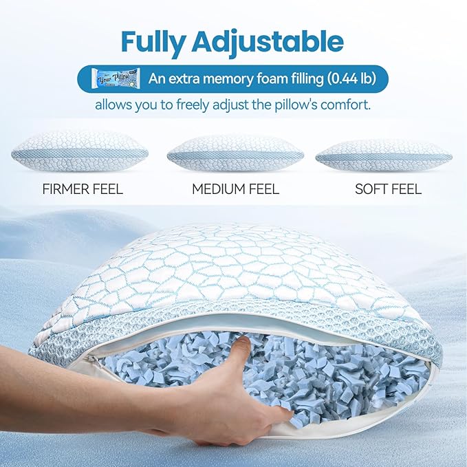 QUTOOL Double Sided Cooling Pillow for Hot Sleepers, Shredded Memory Foam Pillows King Size Set of 2, Adjustable Soft & Firm Gel Bed Pillow for Side, Back, Stomach Sleepers