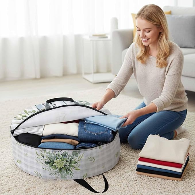 Storage Bag Eucalyptus Leaves Vase Round Storage Totes Bins Closet Organizers with Zippers & Handle Green Leaf Floral Grey Plaid Clothes Storage Container for Bedroom Space Saving Packing Supplies