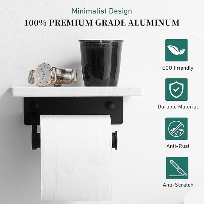 Hoimpro Matte Black Aluminum Toilet Paper Holder with White Natural Marble Shelf, Wall Mounted Tissue Hand Paper Roll Storage Holder for Bathroom Kitchen Washroom Bedroom