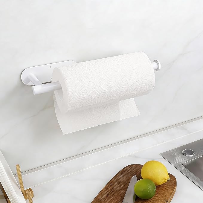 White Paper Towel Holder - Self Adhesive or Drilling, Under Cabinet Paper Towel Holder for Kitchen, Adhesive Paper Towel Roll Rack for Bathroom Towel, SUS304 Stainless Steel