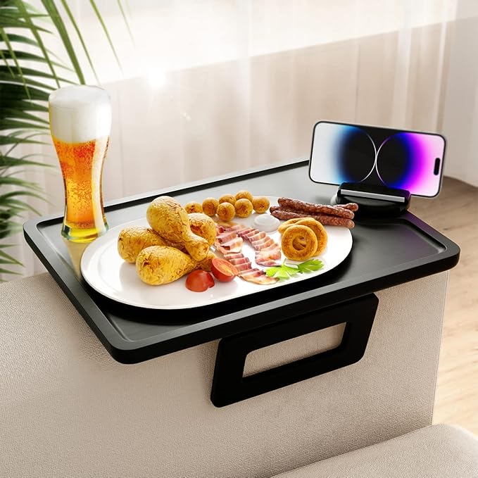 Smatdecis Couch Arm Tray Table Sofa Arm Clip, Armrest Tray Table Suitable for Home Drinks/Fast Food/Fruit Etc, Large Size Multi-Function Black(360° Rotating Stand A)