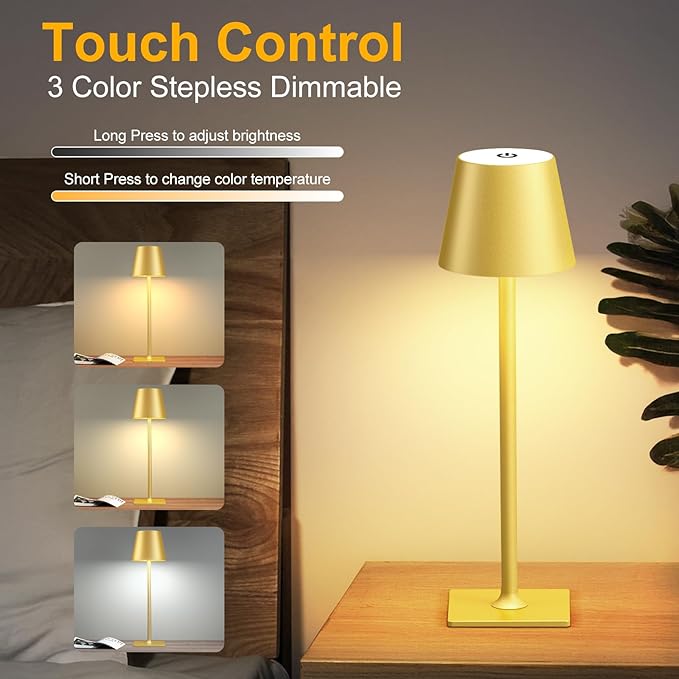 FenFud 2 Pack Gold Cordless Table Lamp - 6000mAh Battery Operated Touch Lamp with 3 Color Stepless Dimming, Waterproof & Wireless for Indoor & Outdoor Use, Perfect for Living Room Camping Café Patio