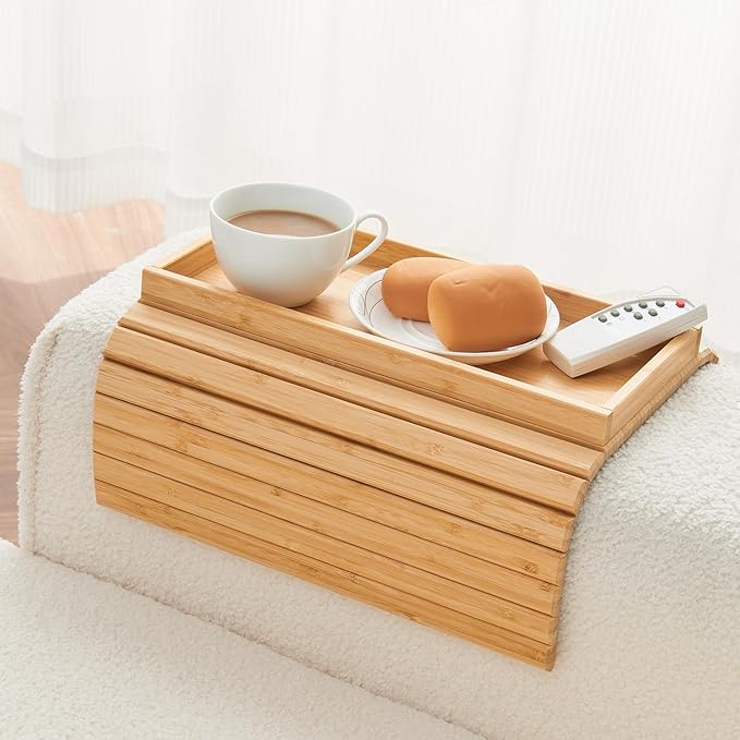 LOVYANXUE Bamboo Sofa Arm Tray, Anti Falling Couch Arm Tray Table, Foldable Couch Armrest Table, Portable Sofa Armrest Trays Cup Holder for Drink, Cups, Phone, Snacks, Remote