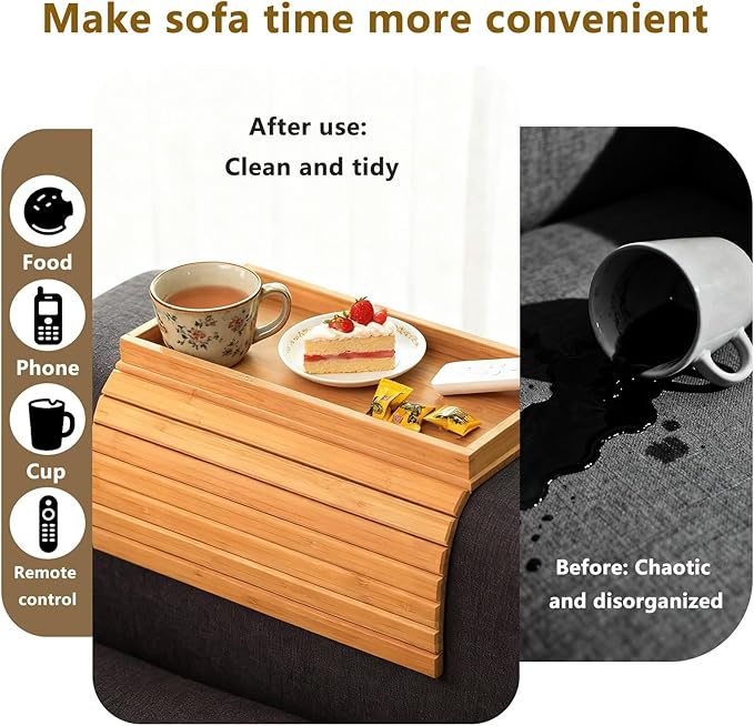 Bamboo Couch Arm Tray Table, Foldable Sofa Rest with Non-Slip Base Portable Armchair Cup Phone Holder for Drinks, Remote, Snacks Fits Most Recliners Couches, Easy-Clean Surface(Bamboo)