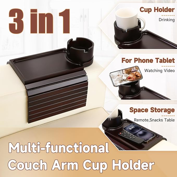 SINWANT Couch Cup Holder Tray, 2 in 1 Bamboo Couch Armrest Table Clip on Sofa Armrest Table,Foldable Anti Silp Arm Rest Side Tray for Drink Coffee Mug, Snacks, Remote