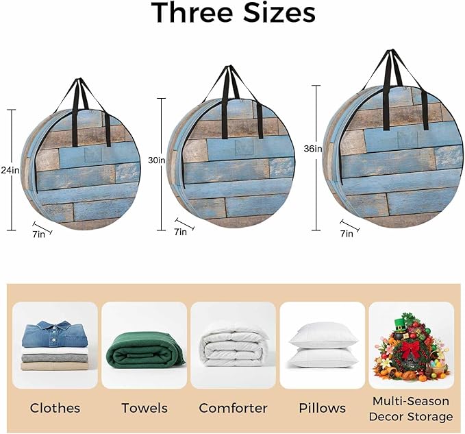 Storage Bag Blue Wood Grain Round Storage Totes Bins Closet Organizers with Zippers & Handle Brown Wooden Plank Clothes Storage Container for Bedroom Dorm Space Saving Packing Supplies Moving Bags
