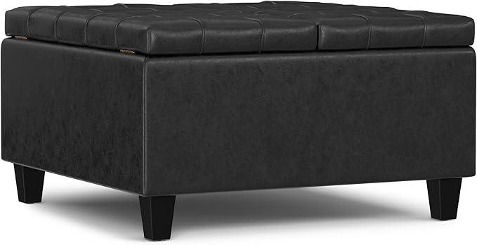 SIMPLIHOME Harrison Small Coffee Table Storage Ottoman - 30 inch Wide Upholstered Vegan Leather Square Lift-Top Ottoman in Distressed Black, Transitional Ottoman for Living Room with Hidden Storage