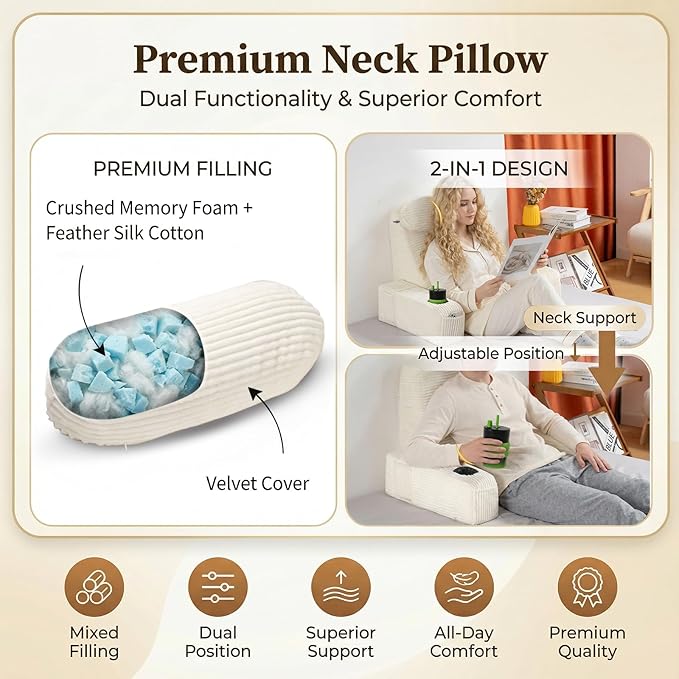 AS AWESLING Reading Pillow for Adults, Back Pillow for Bed Sitting Up, Backrest Pillow for Sitting in Bed, Detachable Arms with Built-in Cup & Phone Caddy (Beige-Corduroy, 19 INCH)
