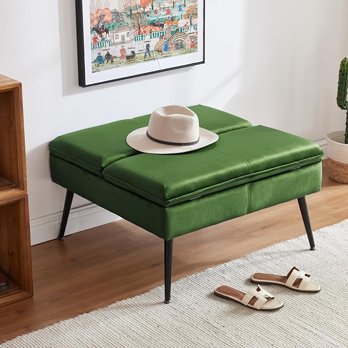 Square Ottoman with Storage, Large Oversized Ottoman Coffee Table, Double Flipping Lid & Mid-Century Modern & Velvet Style, Loads 660 lb, for Living Room, Bedroom, Entryway, Green