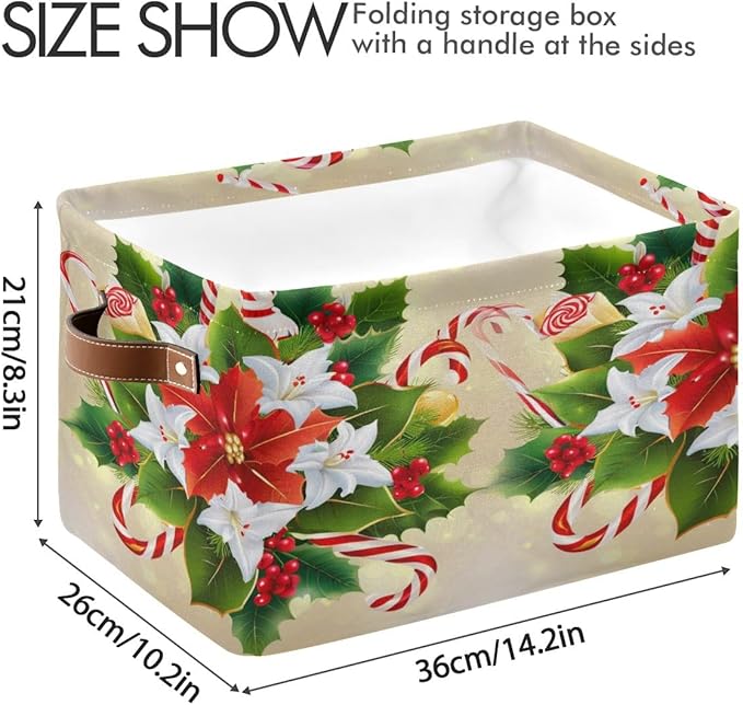 Christmas Storage Basket, Collapsible Canvas Organizer, 14.2x10.2x8.3 Inches, Water Resistant, Festive Holiday Design with Steel Frame, Rectangular Storage Box for Bedroom Organization