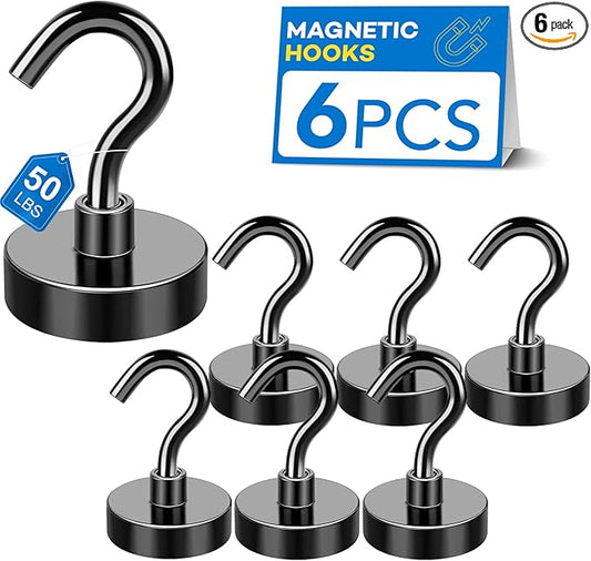 LOVIMAG Magnetic Hooks, 50LBS Black Magnet Hooks Strong Neodymium Magnets with Epoxy Coating, Metal Magnetic Hooks for Refrigerator，Locker Accessories, Cruise, Kitchen, Office, Classroom-6 Pack