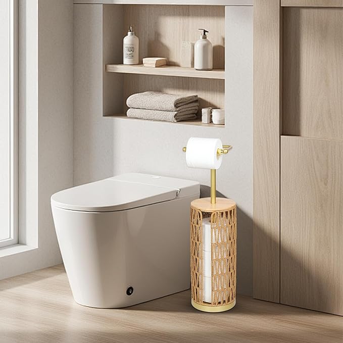 Trongee Freestanding Toilet Paper Holder with Storage,3 Rolls of Boho Toilet Paper Holder Stand with Lid,Gold Toilet Tissue Holder Stand Rattan Paper Storage Wicker Toilet Roll Holder Basket