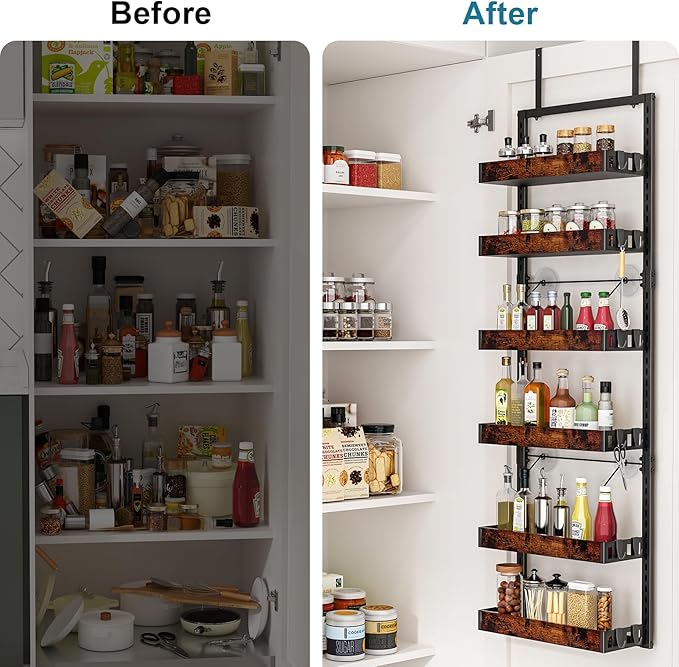 BUKFEN 6-Tier Over the Door Pantry Organizer, 2-in-1 Door Hanging or Wall Mounted Spice Rack, Heavy Duty Metal Storage Shelves with Adjustable Wooden Baskets for Kitchen Bathroom Closet