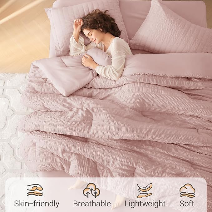 MUXHOMO 7 Pieces Full Comforter Set, Seersucker Bed in a Bag Full Size, All Season Luxury Bedding Set with Comforter, Flat Sheet, Fitted Sheet, Pillowcases & Shams, Rose Gold
