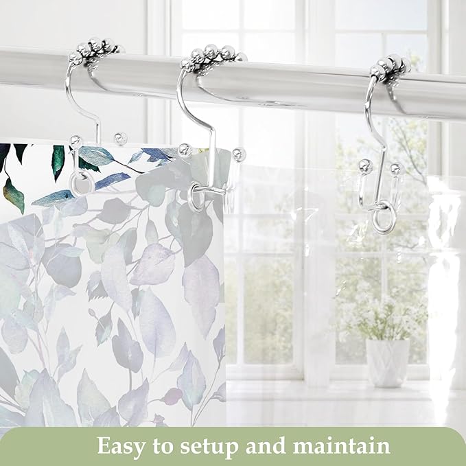 Gibelle 3 in 1 Shower Curtain Set, 72x72 Green Eucalyptus Bath Curtain and PEVA Liner Set with 12 Metal Hooks, Waterproof Fabric Bathroom Curtain