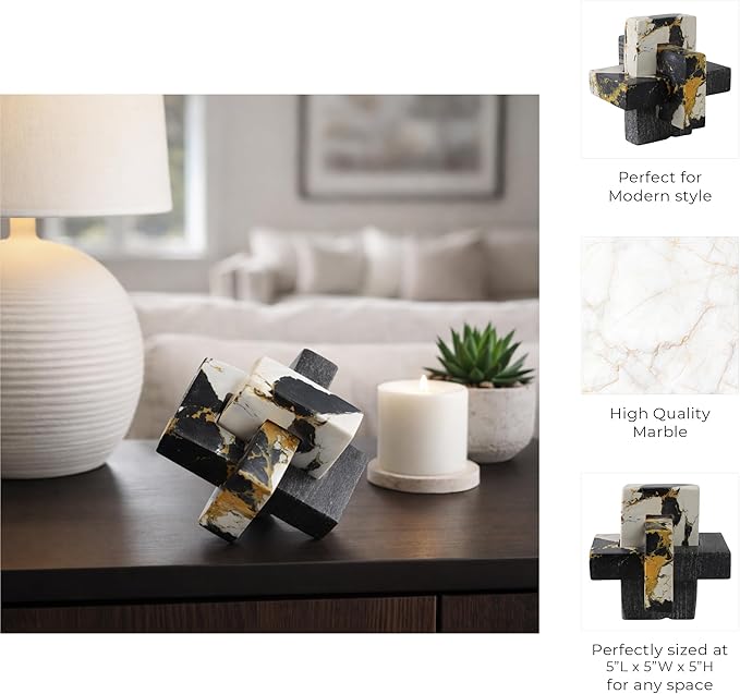 Geometric Home Decor Marble Sculpture for Living Room and Bathroom - Modern Glam Figurine Ornaments for Office Shelf Display - Modern Stone Accent for Coffee Table and Room Decor - 5", Black & White