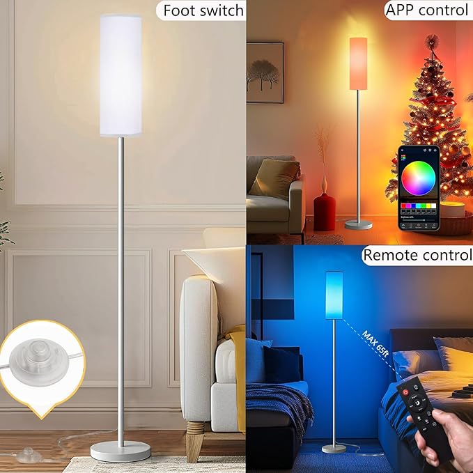 Qaubauyt Smart LED Floor Lamp with APP Control & RGB Colors - Dimmable Standing Lamp for Living Room, Bedroom, Gaming - Remote, Timer, 9W Bulb Included, 67" Modern Tall Lamp (White)