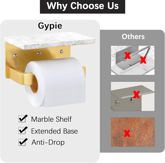 Gypie Toilet Paper Holder with Shelf, Extended Base Wall Mounted, Marble Toilet Roll Holder Black for Bathroom Washroom Gold