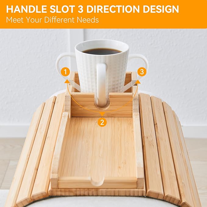 GEHE Bamboo Couch Cup Holder, Anti-Spill Sofa Arm Tray, Natural and Easy to Clean Couch Arm Cup Holder Armrest Tray Perfect for Cups, Beers, Snacks, Remote Control, Drinks