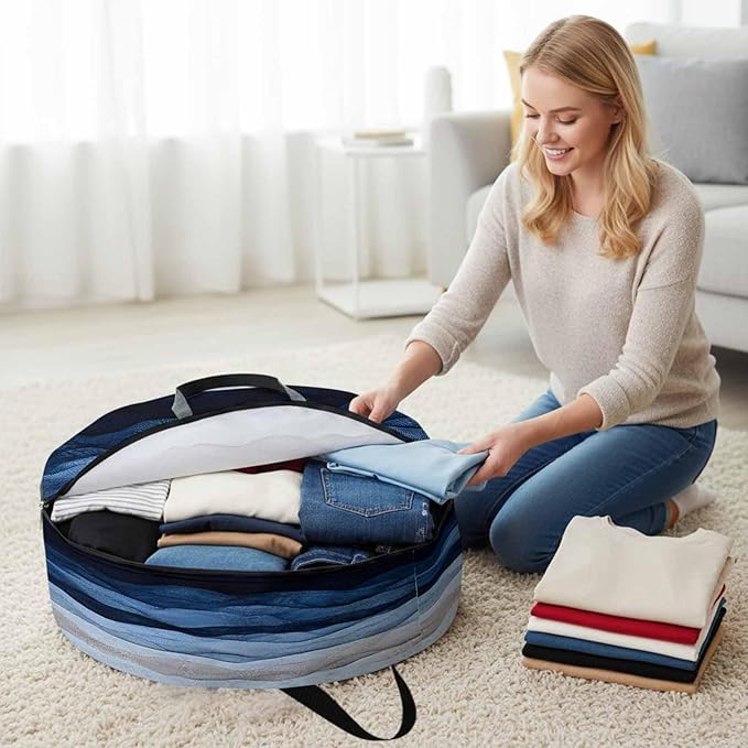 Abstract Art Ocean Round Storage Bag 36 Inch, Gradient Blue Impressionist Style Clothes Storage Container with Handles Heavy Duty Organizer for Comforter, Bedding & Holiday Wreaths