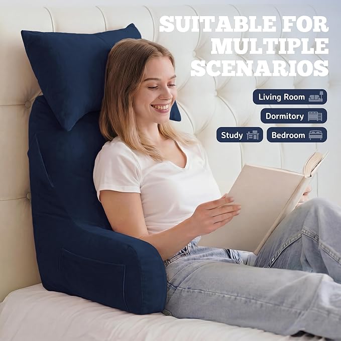 Unisakey Portable Reading Pillows with Headrest for Bed Sitting Up(Royal Blue Oeko-Tex), Velvet Back Pillow with Arms & Pockets for Adults, Support Memory Foam Bed Pillow for Dorm/Watching/Gaming