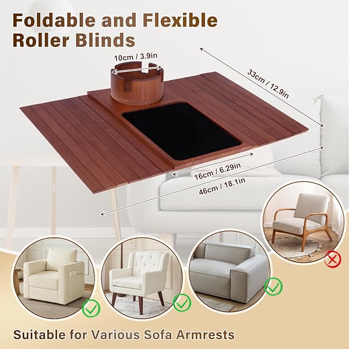 Couch Cup Holder Tray, 3-in-1 Bamboo Couch Armrest Table with 360° Rotating Magnetic and Detachable Phone Holder Stand, Foldable Anti-Slip Sofa Arm Tray for Remote, Phone, Snacks and Drinks