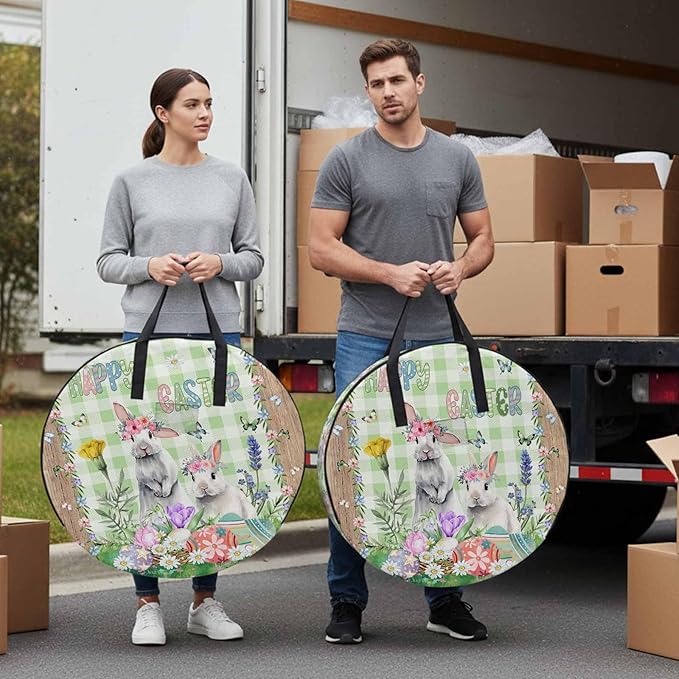 24 Inch Round Storage Bag 2 Pack,Easter Bunny with Colored Eggs in Basket Waterproof Wreath Storage Container with Handles&Zipper Farm Vines on Wood Plank Closet Organizer Bags Garland Box