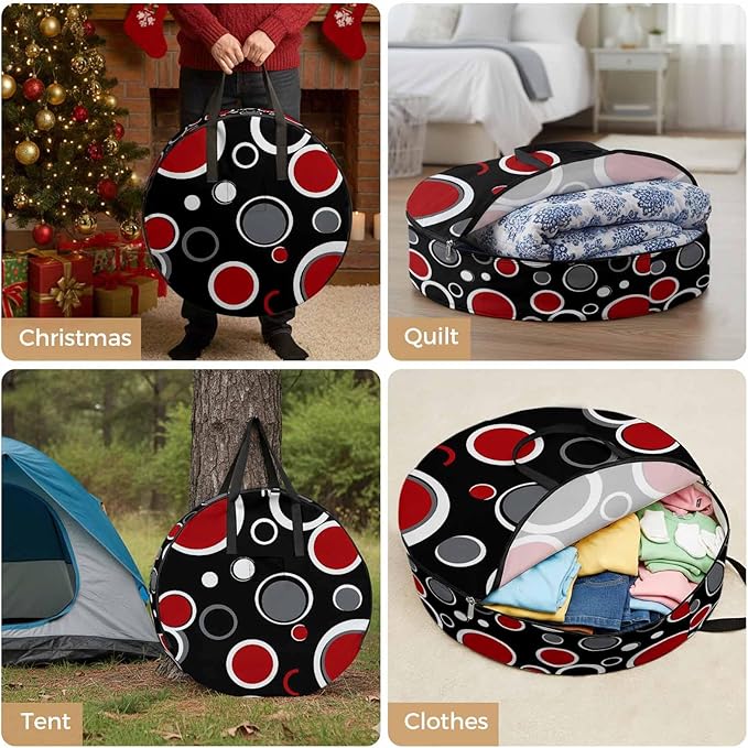 36 Inch Round Storage Bag 1 Pack,Abstract Red Black Circle Waterproof Wreath Storage Container with Handles&Zipper Color Block on Black Closet Organizer Bags Garland Box