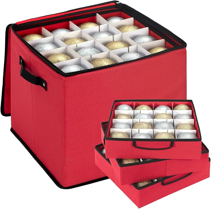 DIMESHY Christmas Ornament Storage Box With Adjustable Dividers,Ornament Storage Container With 4 Removable Trays for 64 Holiday Decorations,Red