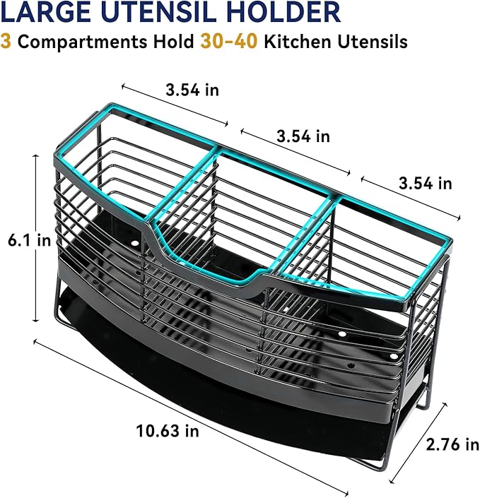 Utensil Holder for Kitchen Counter, Stainless Steel Utensil Drying Holder with Automatic Drain Tray, 3 Compartments Utensil Caddy for Silverware Spoon Cutlery