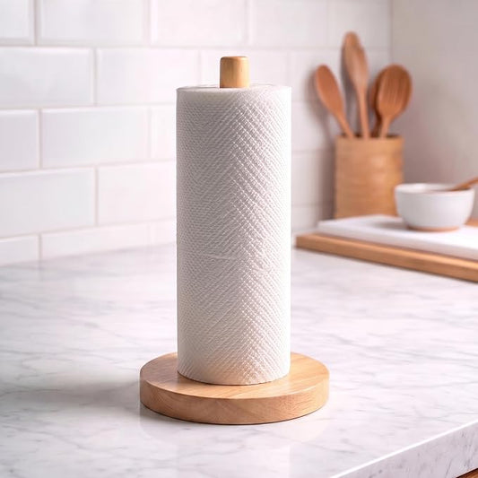 Wooden Paper Towel Holder for Countertop, Solid Beech Wood Stand with Wider Non-Slip Base, Fits Standard and Jumbo Rolls, Easy Assembly, Farmhouse Kitchen Paper Towel Dispenser