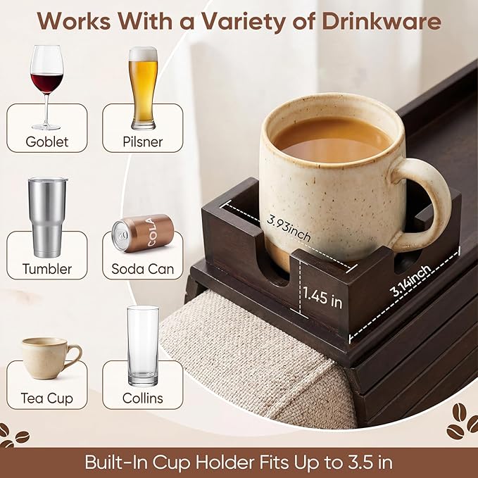 Bamboo Couch Arm Tray Table with Built-in Cup Holder, Foldable Anti-Slip Sofa Armrest Table for Drinks, Phone & Remote, Fits 4.7–16.9 in Armrests, Holds Cups up to 3.5 in Diameter (Brown)