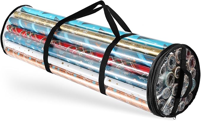 Hearth & Harbor Wrapping Paper Storage Container - Clear Wrapping Paper Holder Fits Up To 14 Rolls of 40" - Tear Proof Gift Wrapping Organizer Storage - Premium Christmas Storage Bag For Easy Carrying