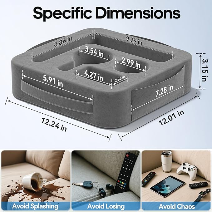 Couch Cup Holder Pillow, Sofa and Bed Caddy for iPad, Kindle, Switch, Game Controller, Remotes, Phones, Small-Sized Cup and Drink Holder for Couch, Bed, Desk, Car, Bathroom Cup Holder, Deep Gray