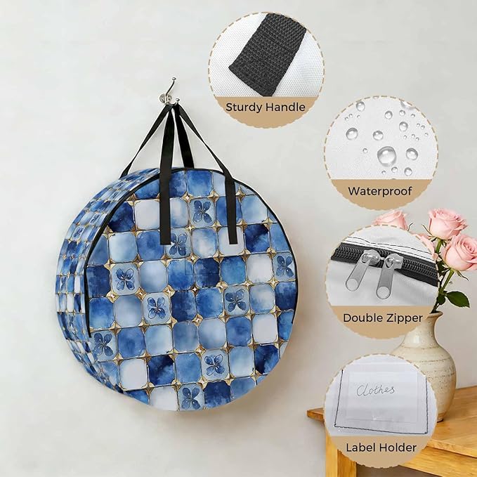 Blue Crystal Flower Round Storage Bag 24 Inch, Irregular Texture Clothes Storage Container with Handles Heavy Duty Organizer for Comforter, Bedding & Holiday Wreaths