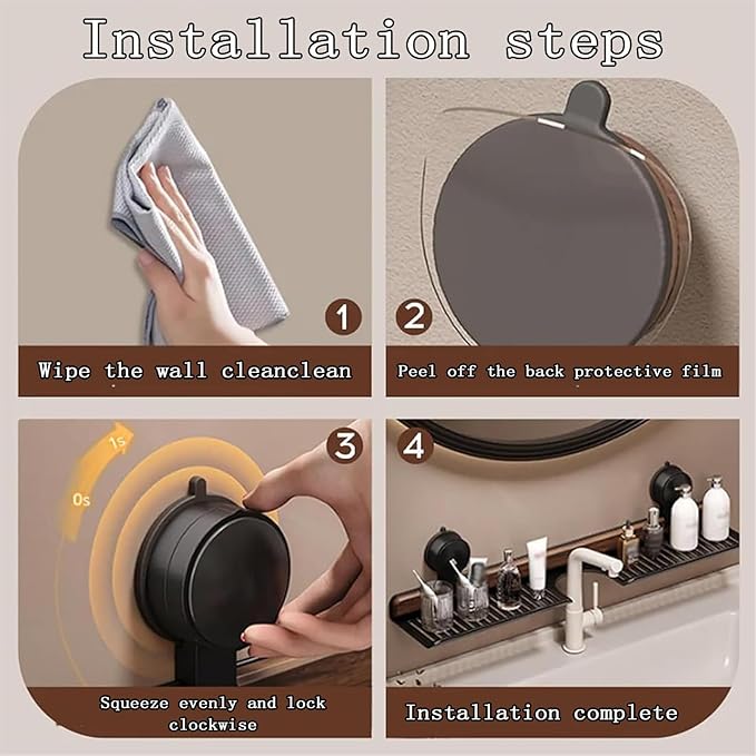 Walnut Bathroom and Kitchen Suction Cup Rack, Removable wall-Mounted Tray, no-Drill wall-Mounted Bathroom Vanity, Sink Storage Rack, Kitchen Suction Cup Rack (Black, 50cm/19.69in)