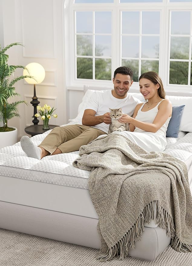 BEDELITE King Mattress Topper 3 Inch Thick Mattress Pad, Plush Pillow Top Bed Cover with Elastic Deep Pockets Up to 6-24 Inch for Pressure Relief, Shredded Memory Foam Filling (White)