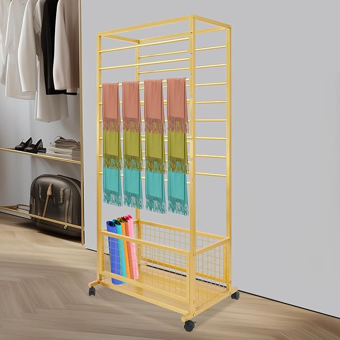 Mobile Ribbon Holder Double-Sided Ribbon Organizer Rack with 16 Hanging Rods Multifunctional Flower Wrapping Paper Storage Stand with Lockable Wheels Wrapping Paper Rack (26.38*12.99*59.06in, Gold)
