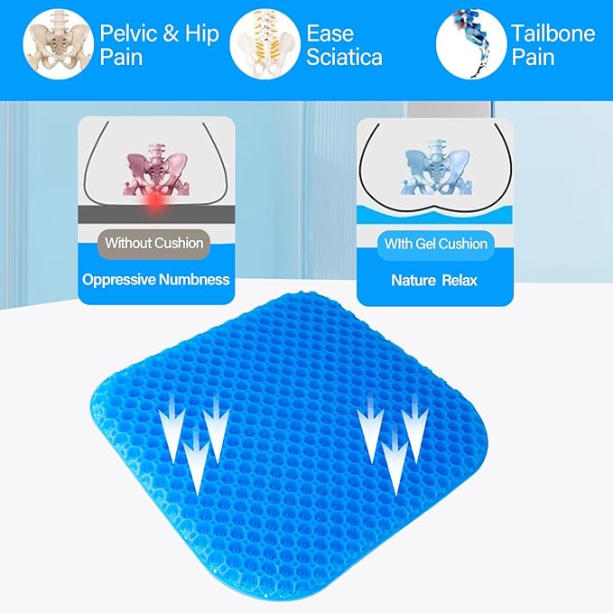 EVEME Gel Seat Cushion for Long Sitting with Non-Slip Cover, Soft & Breathable, Seat Cushion for Chair, Car, Office, Desk Chair, Wheelchair (17" x 15" x 1.2" - Blue)