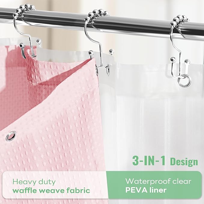 Dynamene Pink Shower Curtain and Liner Set, Waffle Weave Fabric, Waterproof Clear Liner, 256GSM Heavy Duty Weighted Hotel Luxury Cloth Shower Curtains for Bathroom with 12 Plastic Hooks, 72Wx72H