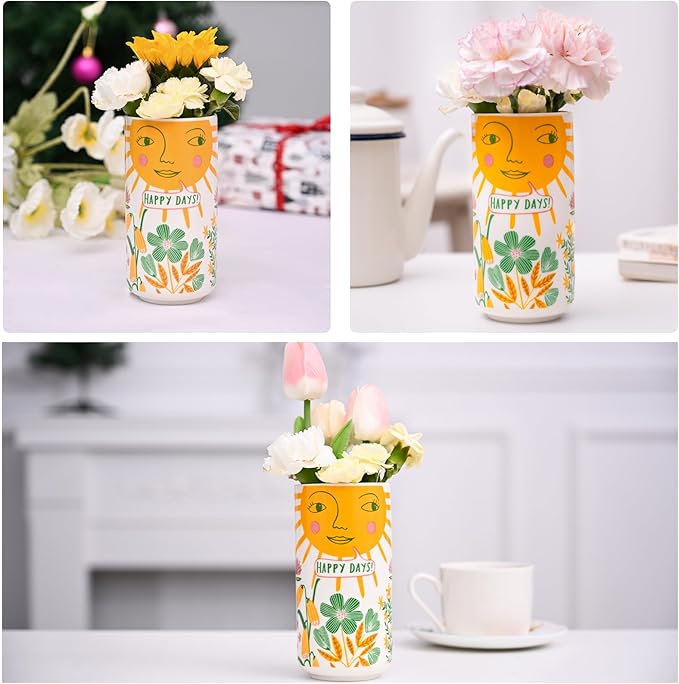 MOUGIGI Cute Small Ceramic Flower Vase-Colorful Boho Unique Round Design with Lively Smiley Patterns-Dopamine Decor Multi Use as Makeup Brush Holder, Pencil Pen Cup-Perfect for Weddings, Mother's Day