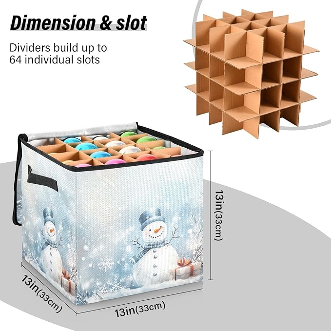 Snowman Jingle Bells Christmas Ornament Storage Basket Box Winter Snowflake Blue Silver Holiday Storage Container Cube with Adjustable Dividers for 64 Holiday Ornaments or Decorations