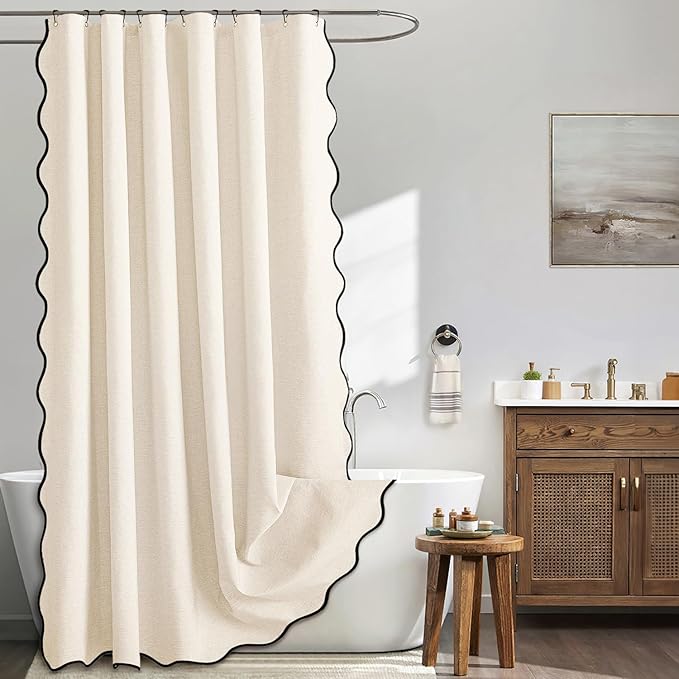 MIULEE 84" Long Scalloped Shower Curtain Linen Textured with 12 Metal Hooks Cute Extra Long Heavy Duty Washable Waterproof Cloth Shower Curtains with Black Border for Bathroom Hotel,Cream White