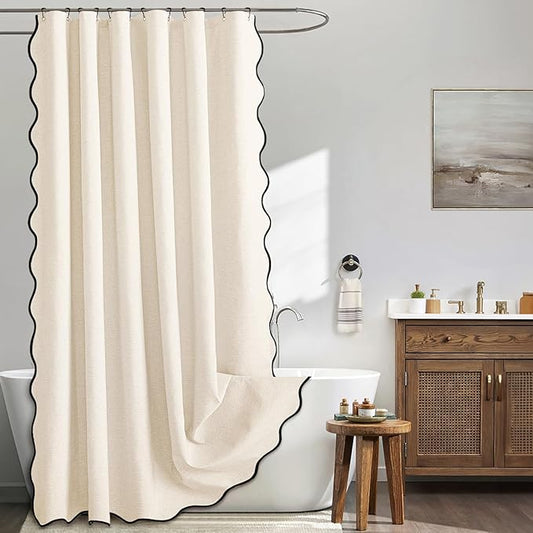 MIULEE 84" Long Scalloped Shower Curtain Linen Textured with 12 Metal Hooks Cute Extra Long Heavy Duty Washable Waterproof Cloth Shower Curtains with Black Border for Bathroom Hotel,Cream White